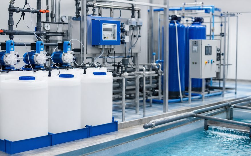 Tangki dan pompa dosing bahan kimia pada instalasi pengolahan air