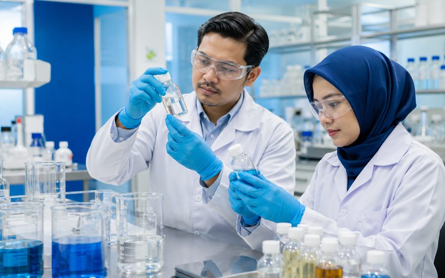 Dua analis laboratorium memeriksa sampel bahan kimia spesialti