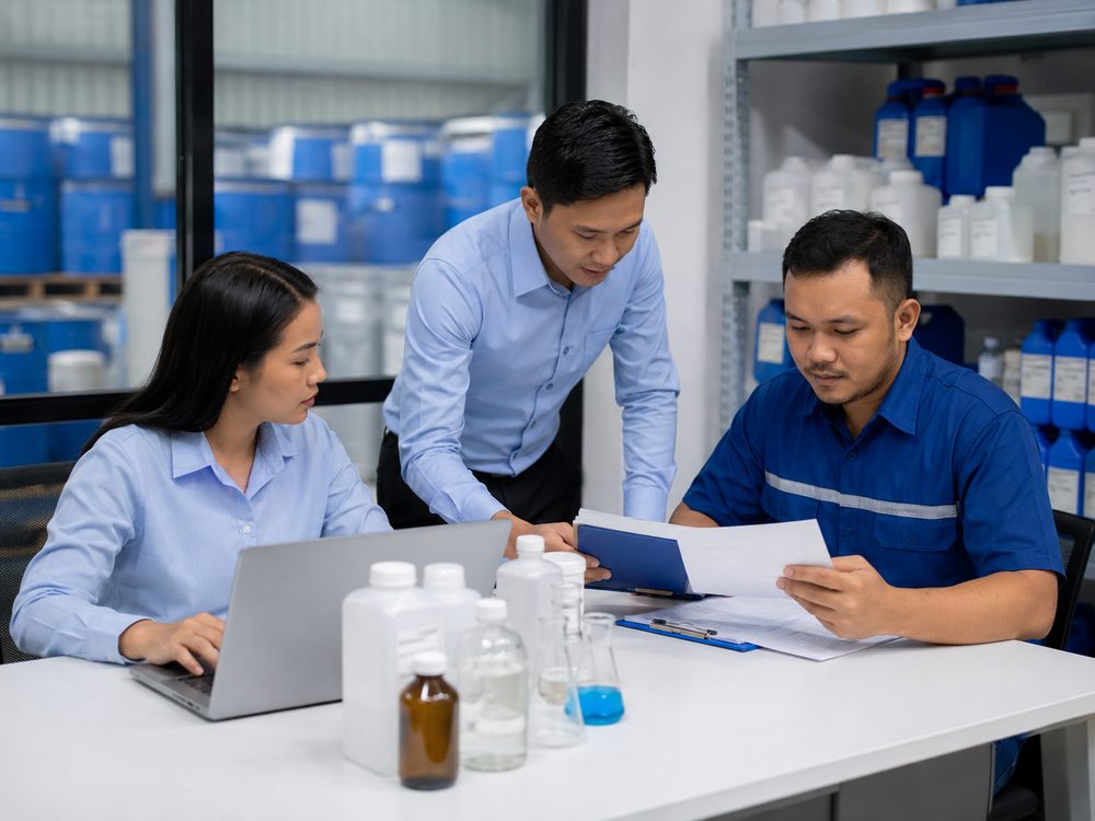 Tim teknis DAS Chemical membahas kebutuhan bahan kimia bersama pelanggan industri