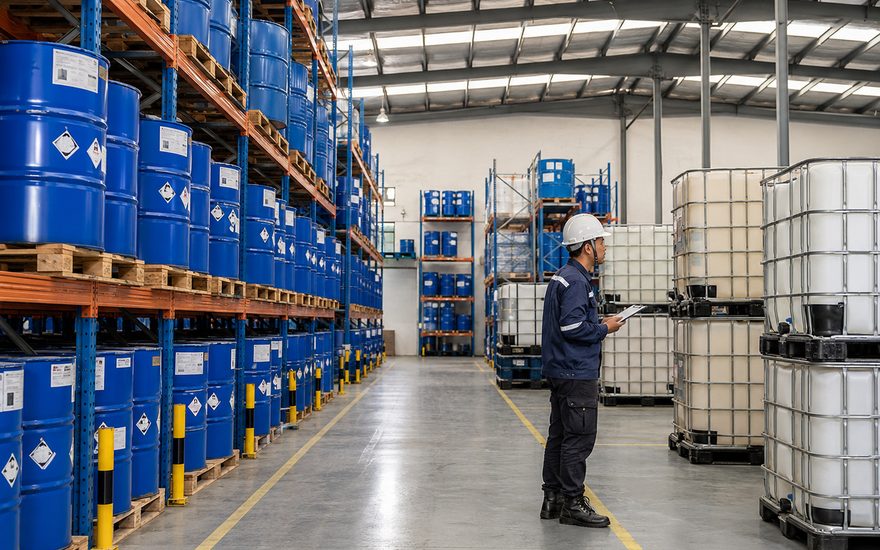 Rak gudang berisi drum bahan kimia dan tangki IBC yang tertata